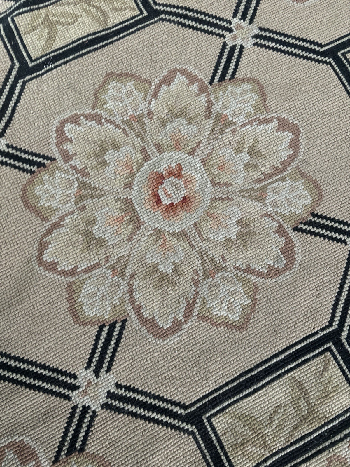 Needlepoint Runner Rug 2.5’ x 10’ English Floral Black Beige Tan Rose Pink Wool gallery