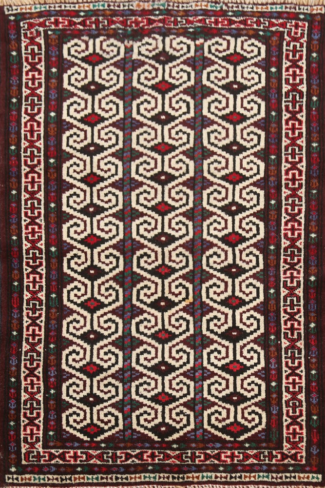 Ivory Geometric Wool Balouch Afghan Oriental Rug 3x4 ft Handmade Foyer Carpet