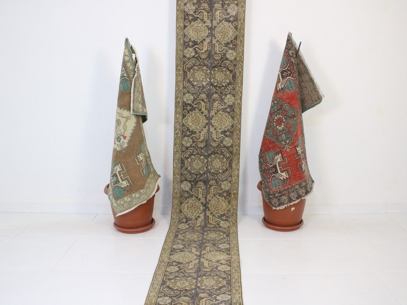 2x13 Turkish Handmade Long Runner Rug Beige Blue Patchwork Vintage 1.5x13.1 ft gallery