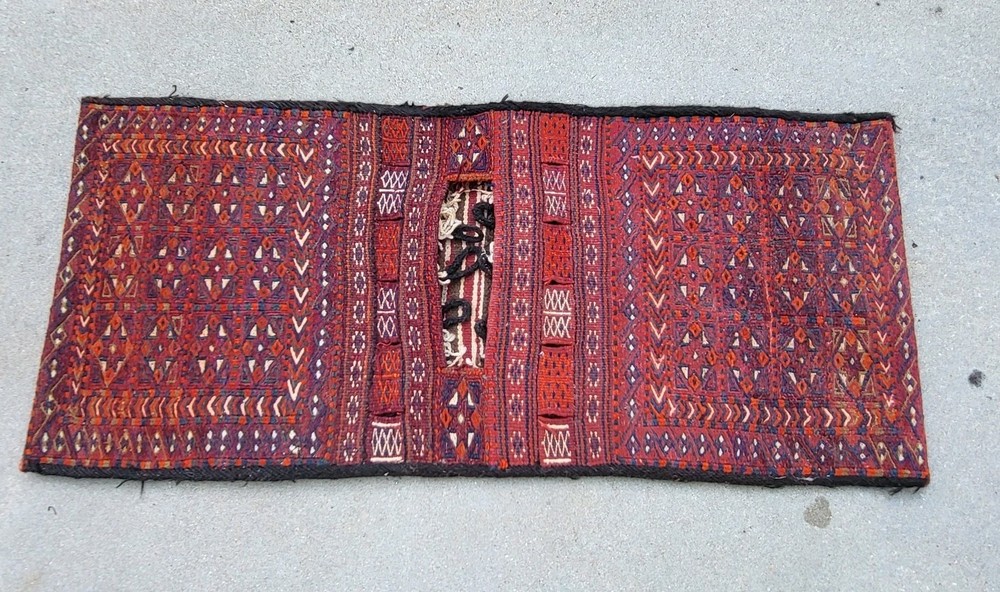 Antique Turkish Tribal Wool Turkoman Double Saddlebag Khorjin Rug 25" x 55"