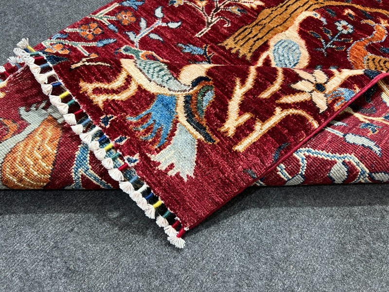 Handmade Afghan Pictorial Peacock Rug 3x4 Ft – Vintage Red Floral Boho Decor gallery