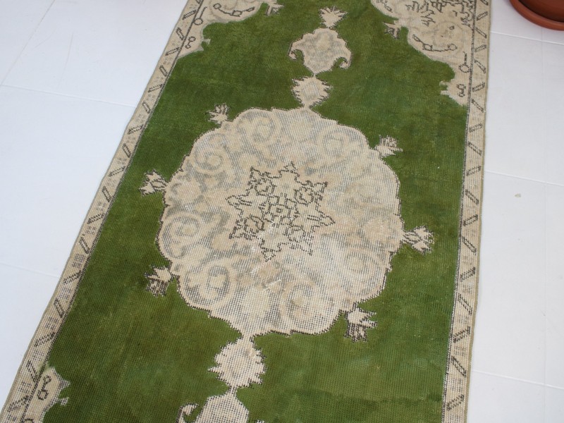 Vintage Turkish Accent Rug 2.7x6.6 ft | Handmade Wool Green Beige Rug | 83x203 gallery
