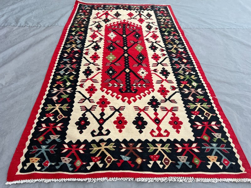 2'11x5'2 ft Vintage Handmade Afghan Geometric Kilim, Red & Black Design Rug gallery