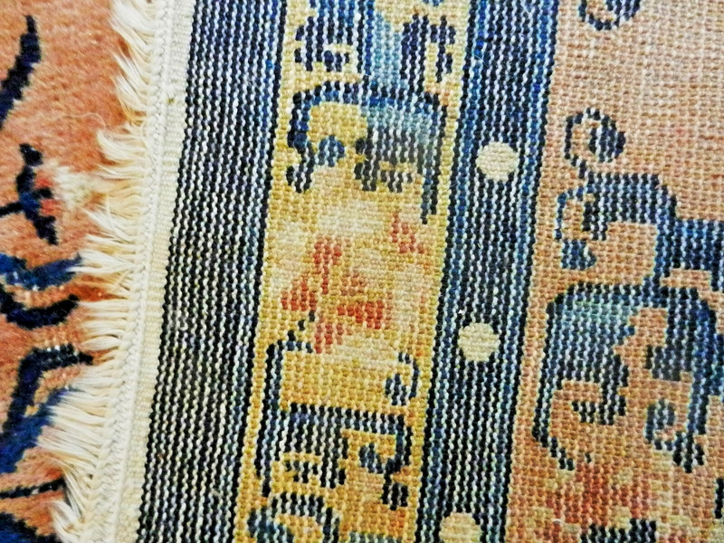 Handwoven Art Deco Pure Silk Chinese Rug 2 1/4 Ft x 4 Ft-Blue/Tan Urns Flowers gallery
