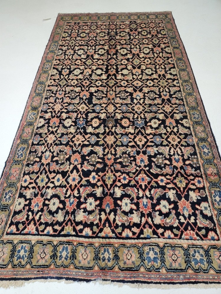 Antique Oriental Hand-Knotted Wool Area Rug Navy Blue/Red/Ivory/Green 5' x 9'9"