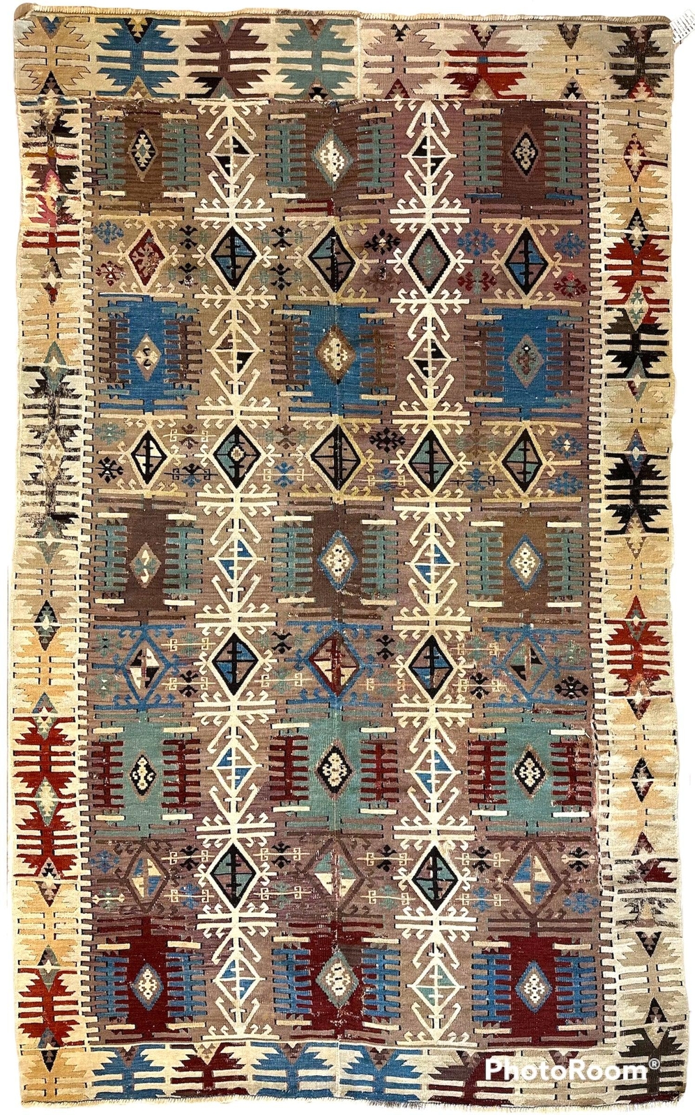 19th C Decorative Collectable Turkish Anatolian Reyhannli Kilim Rug 5’ x 8’3” gallery