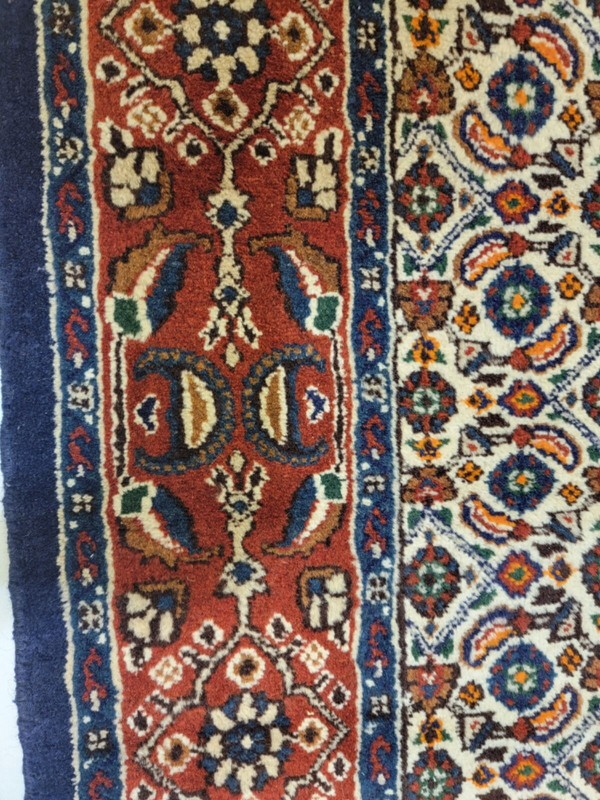 Antique Oriental Hand-Knotted Wool Runner Mood Red/Ivory/Navy Blue 2'6" x 13'4" gallery