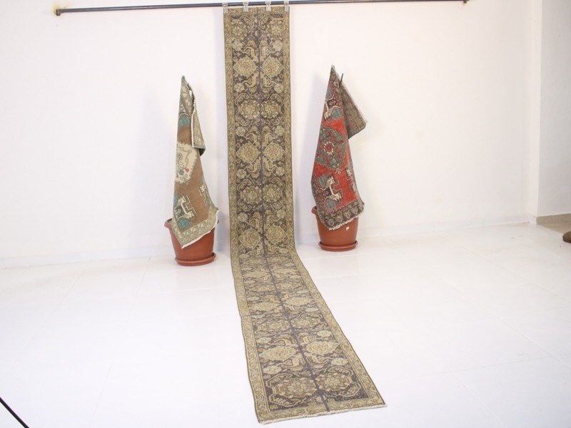 2x13 Turkish Handmade Long Runner Rug Beige Blue Patchwork Vintage 1.5x13.1 ft gallery