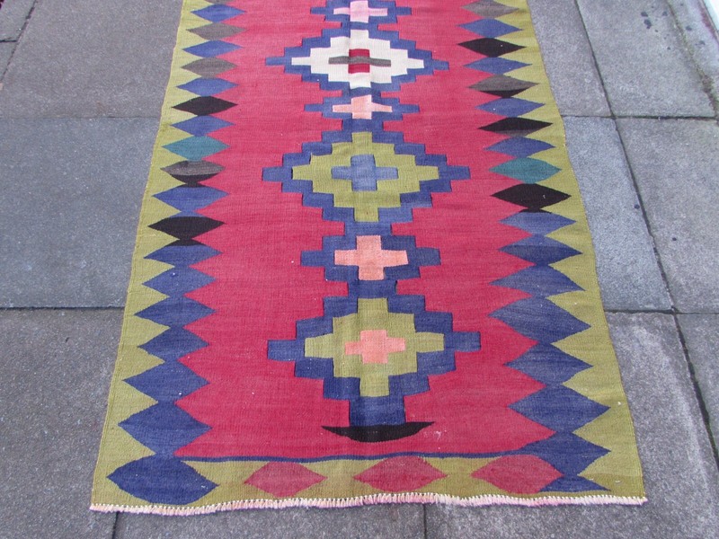 Vintage Traditional Hand Made Oriental Wool Green Red Long Kilim 291x113cm gallery