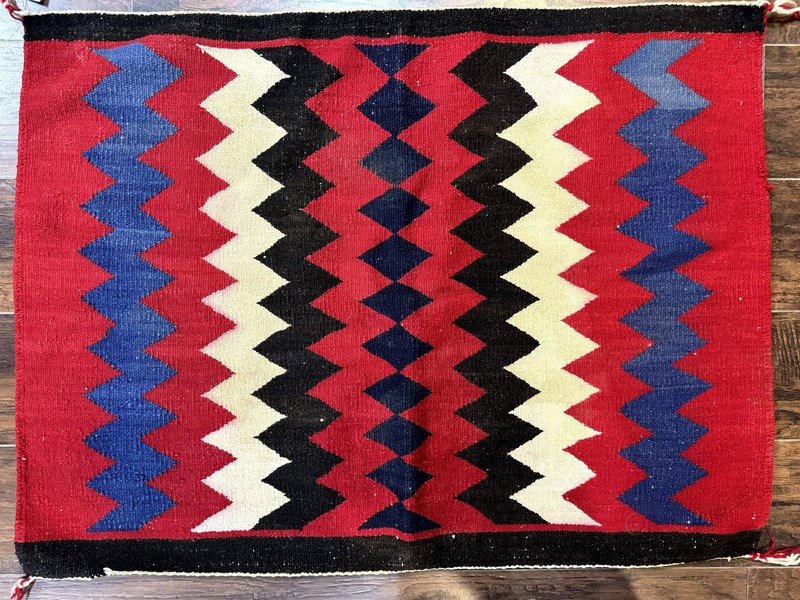 Antique Navajo Rug 3.7 x 2.8, Red Ivory Blue, Zig Zag Pattern, Handmade, Wool gallery