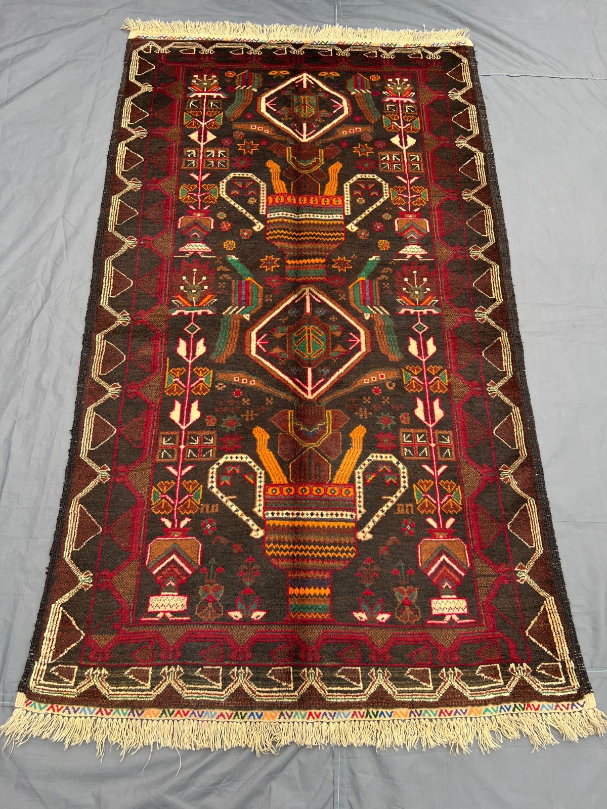 3'7x6'6 ft Vintage Afghan Baluchi Hand-Knotted Pictorial Dark Red Multicolor Rug gallery