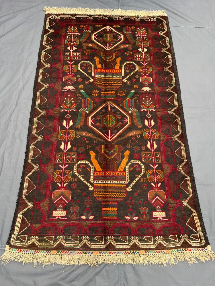 3'7x6'6 ft Vintage Afghan Baluchi Hand-Knotted Pictorial Dark Red Multicolor Rug