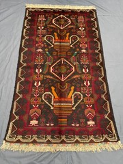 3’7×6’6 ft Vintage Afghan Baluchi Hand-Knotted Pictorial Dark Red Multicolor Rug