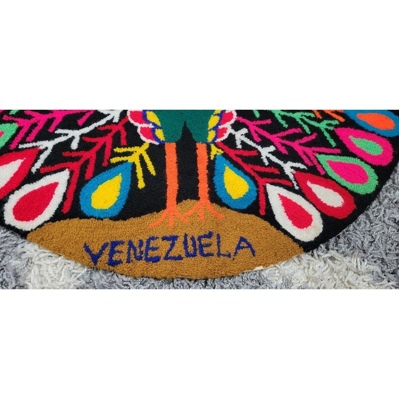 Vtg Handmade Venezuelan Peacock Rug 30" Round Bright Colors Stunning Venezuela gallery