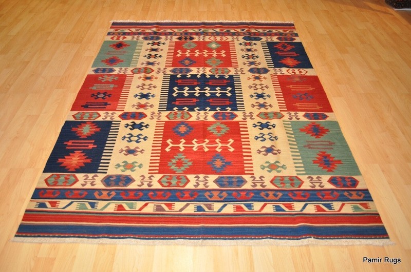 Southwestern Wool ***kilim*** area rug 5x7 handmade red and blue NAVAJO DESIGN gallery