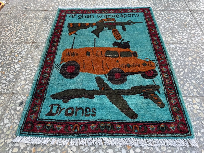 2x3 Afghan Hand Knotted War Rug Pictorial Drones Military Teal Wool Carpet New gallery