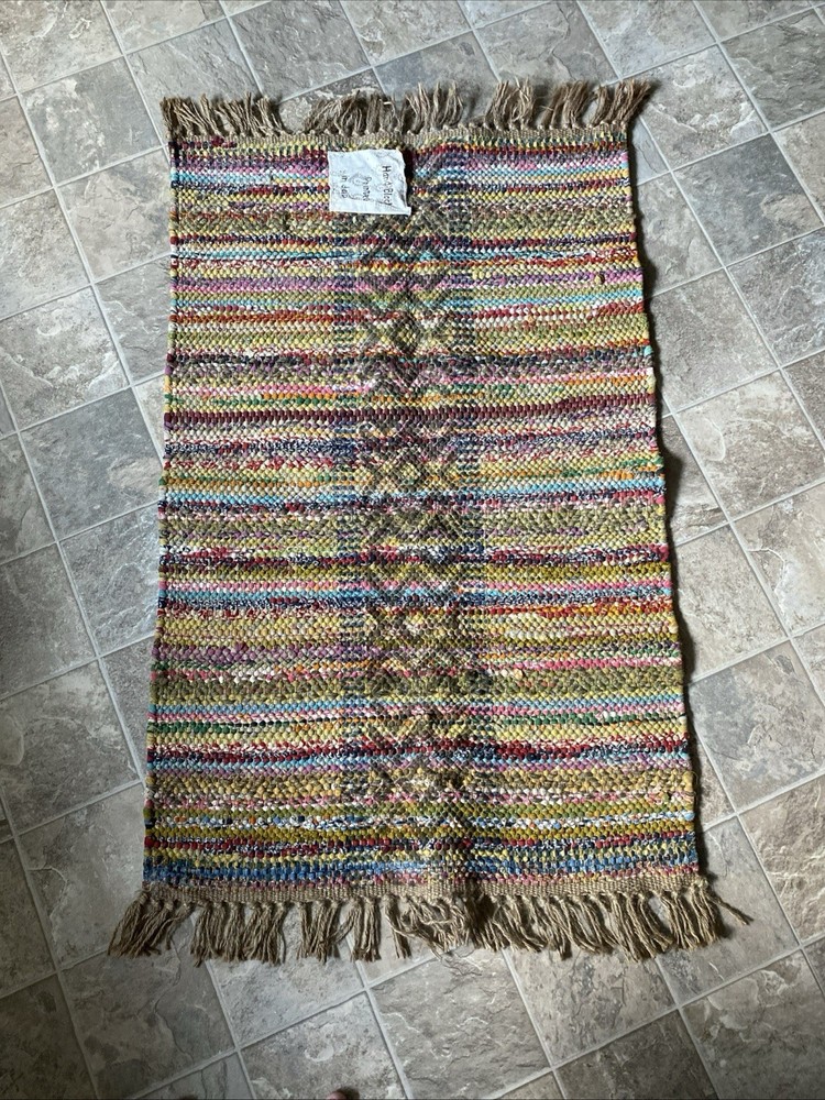 INDIA Rainbow Stripe CHINDI RAG RUG Jute Fringe Boho WORLD MARKET 2’ x 3’