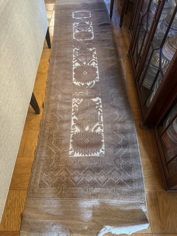 Wool Runner Turkish? Oushak Geometric Tribal Tan Brown 11ft x 31” Hand Knotted
