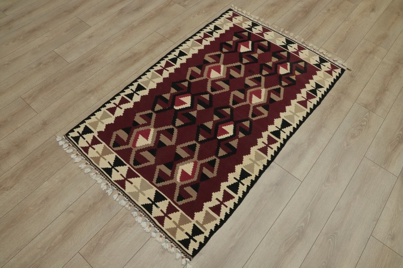 Burgundy Carpet Anatolian Handwoven Vintage Ethnic Cappadocia Kilim Rug 4x5 ft gallery