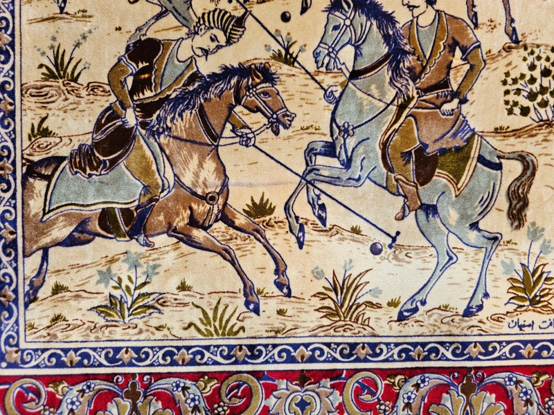 Signed Isfahann kalbaft Pictorial Rug - Carpet "Desert Polo" 40 x 27 inch gallery