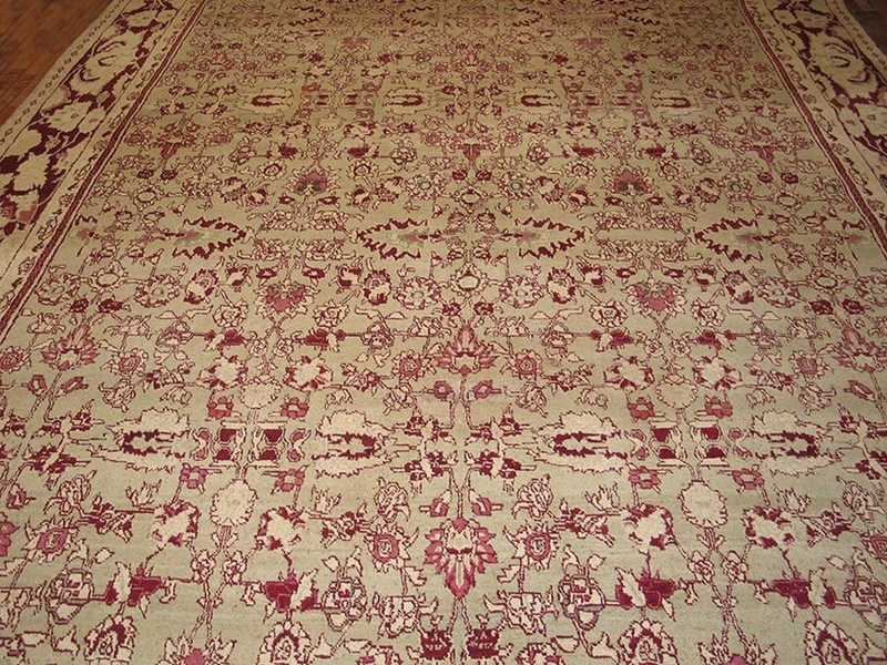 Antique Indian Agra Carpet 11'×29' Celadon & Burgundy, Geometric, Circa 1890 gallery