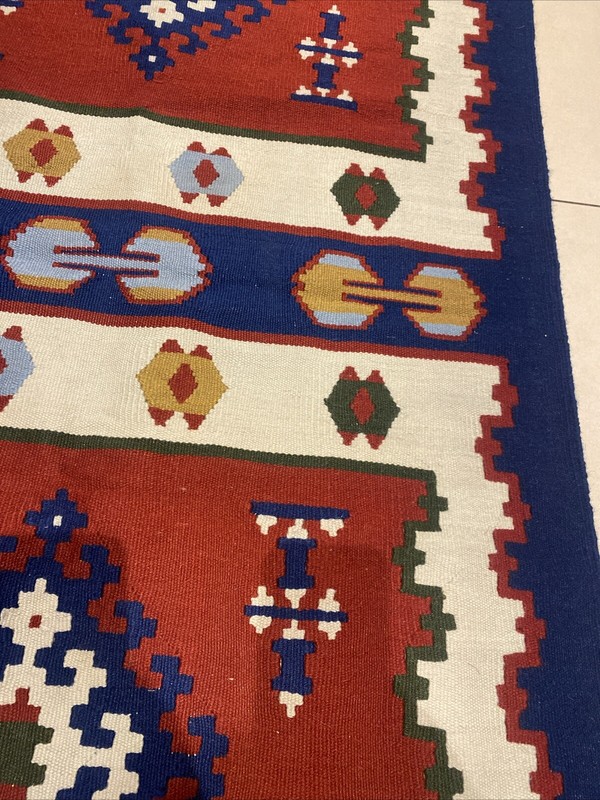 Turkish Kilim Rug Authentic Flat weave Wool Vintage Blue Red 93 Cm x 201 Cm gallery