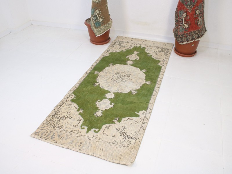 Vintage Turkish Accent Rug 2.7x6.6 ft | Handmade Wool Green Beige Rug | 83x203 gallery