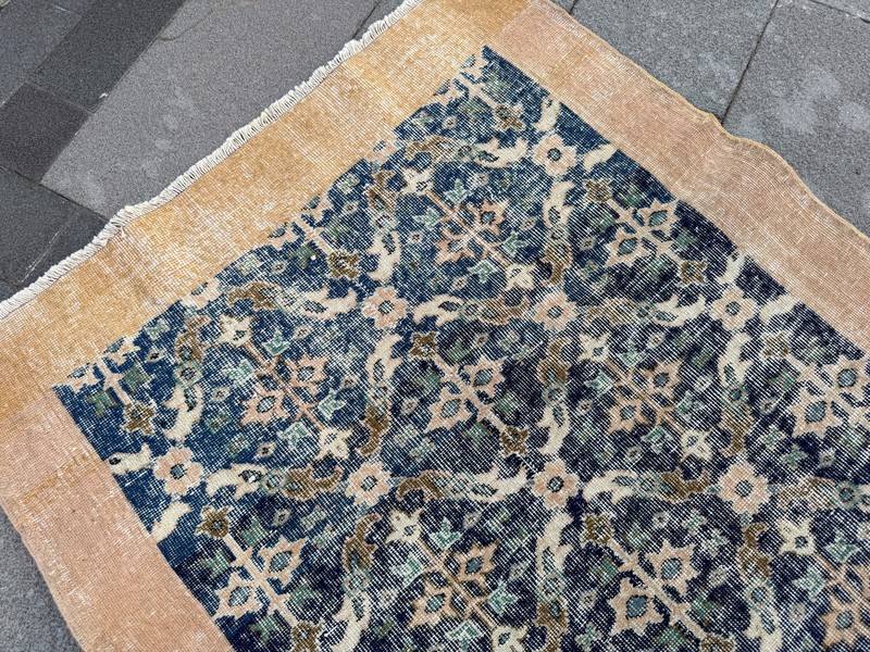 Vintage Turkish Rug 3.7x6.9 ft Blue Beige Handmade Wool Area Rug Distressed gallery