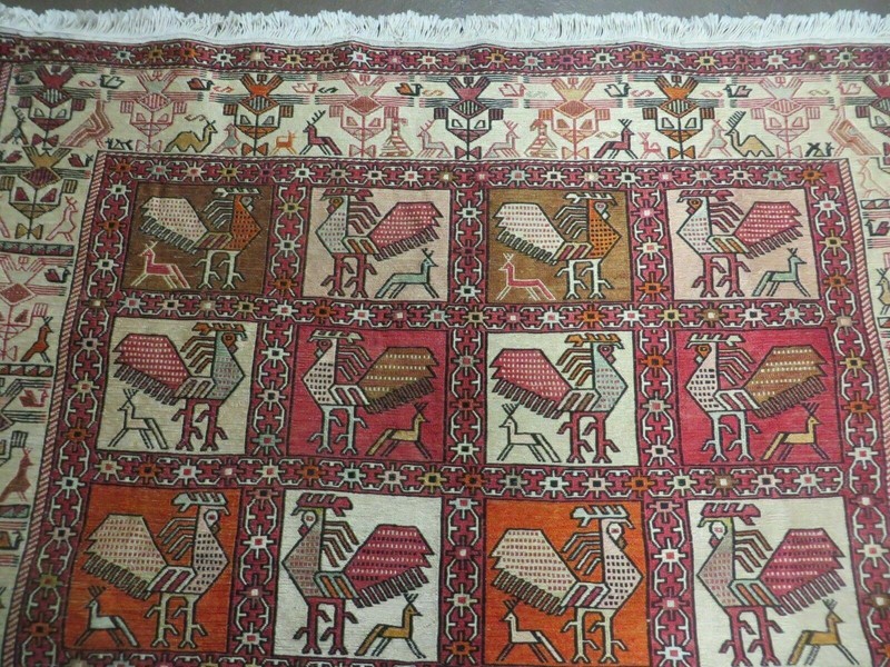 Semi Antique Russian Soumak Rug 4x6, Silk & Wool, Roosters, Panel Design, Rare gallery