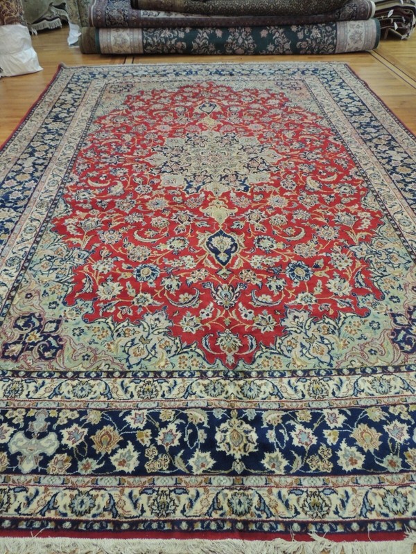 12x15 Semi-Antique Kashaan Oriental Area Rug Red Blue Navy Green wool knotted gallery
