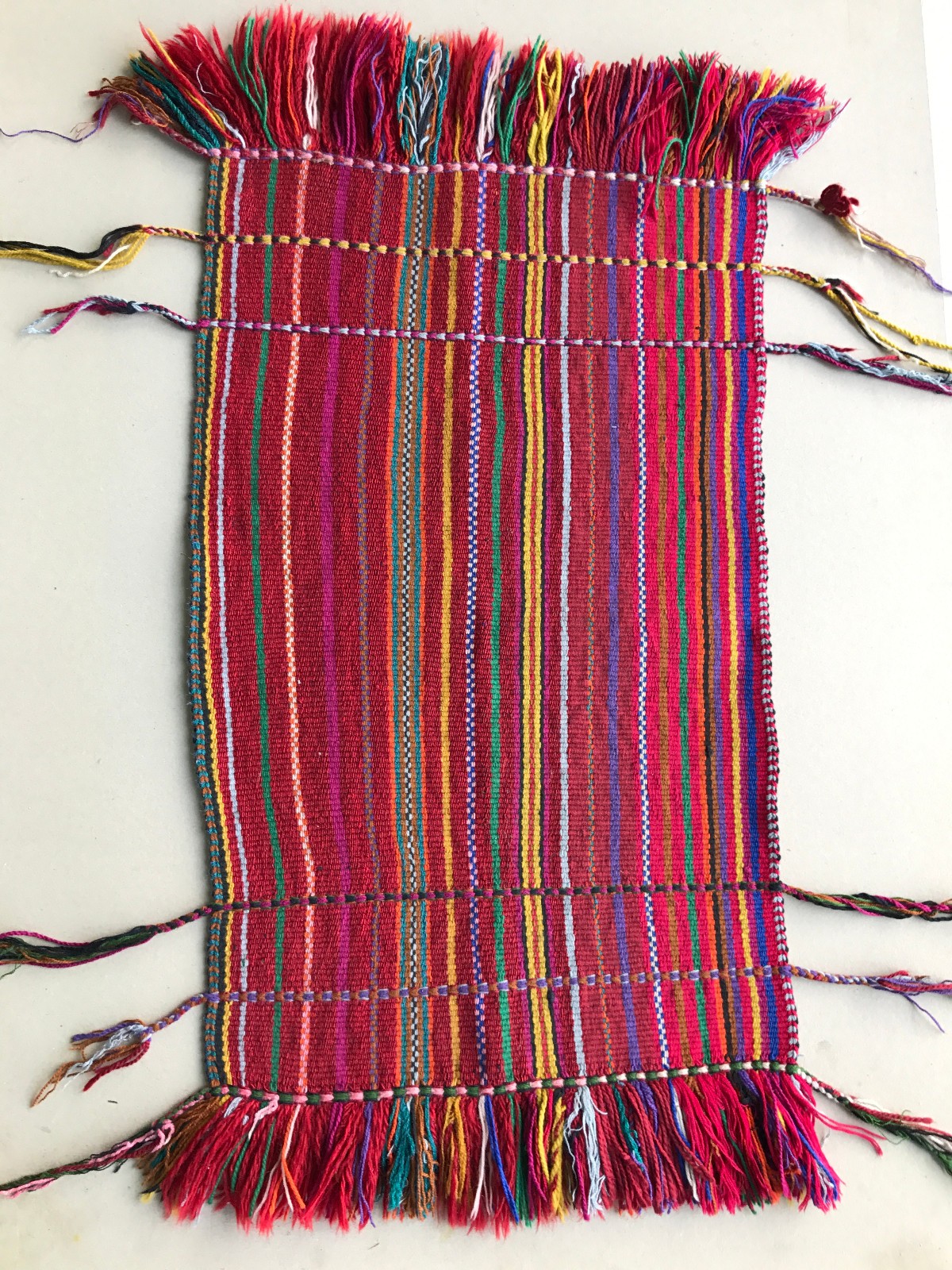 Vtg Bedouin Handwoven Tribal Rug, Multi-color 100% wool, 40 x 20 in. w Fringe gallery
