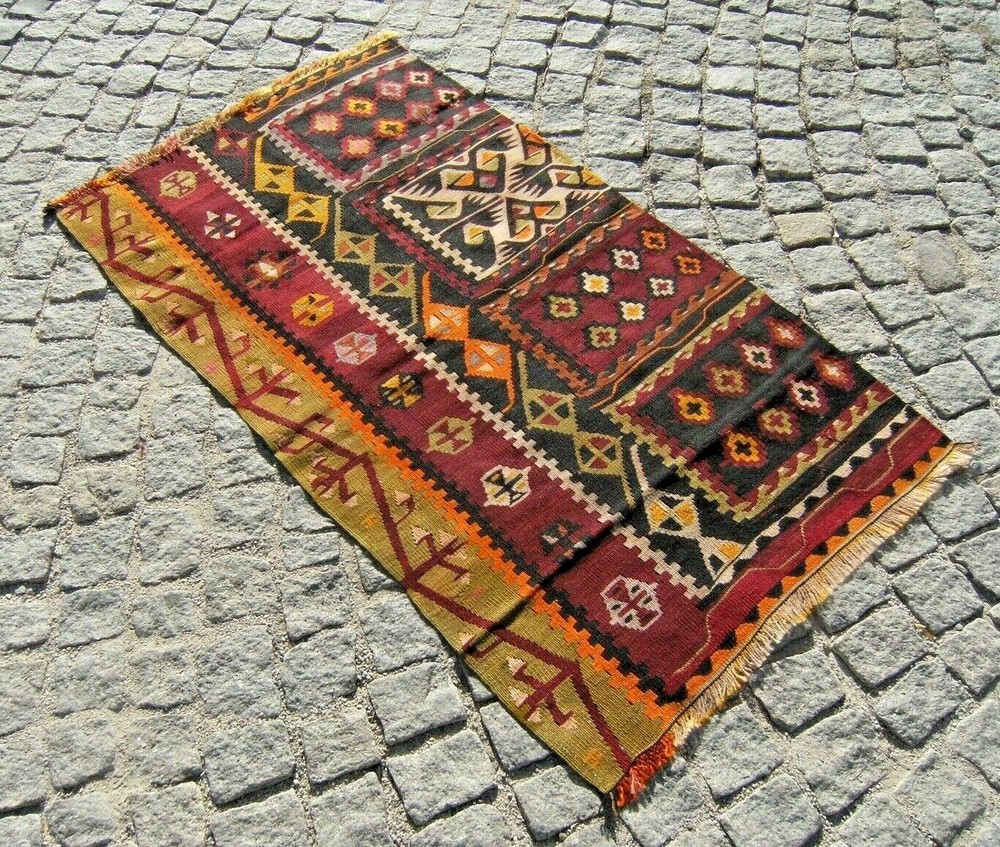 Vintage Hand Woven Kilim 36'' x 62'' Anatolian Flat Woven Nomadic Area Rug