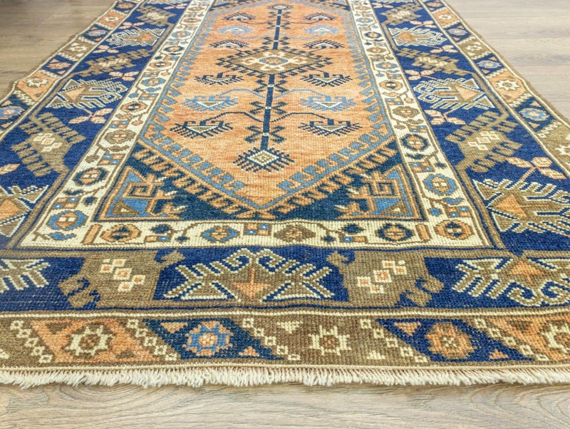 Vintage Turkish Oushak Rug 3.8x5.9 ft – Terracotta & Navy – Hand-Knotted Wool gallery