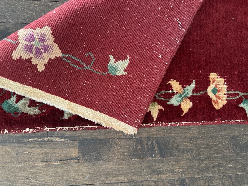 ANTIQUE CHINESE ART DECO 2x3’10 C.1910 GORGEOUS RED HUES AND BRILLIANT FLOWERS gallery