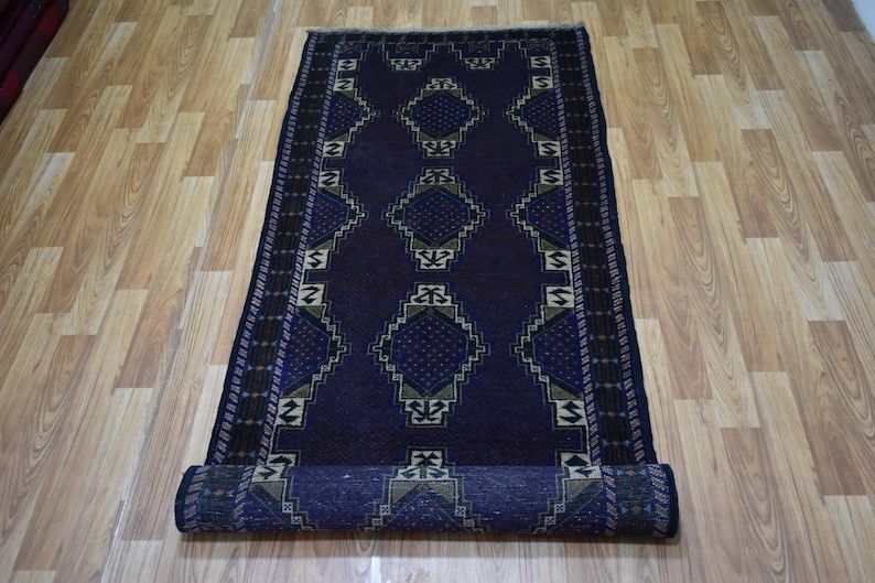 3x10 Vintage Brown Blue Tribal Handmade Afghan Geometric Baluchi Runner Rug, gallery