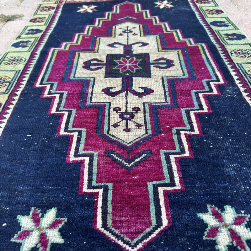 Burgundy Navy Wool Rug 3x5 Vintage Turkish Geometric Cream Green Rug-Tariff Free gallery