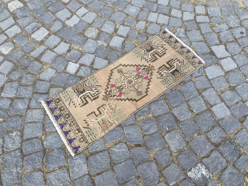 Vintage Turkish Rug, Hand-Knotted Wool, Sand Beige Tribal Small Runner Doormat gallery