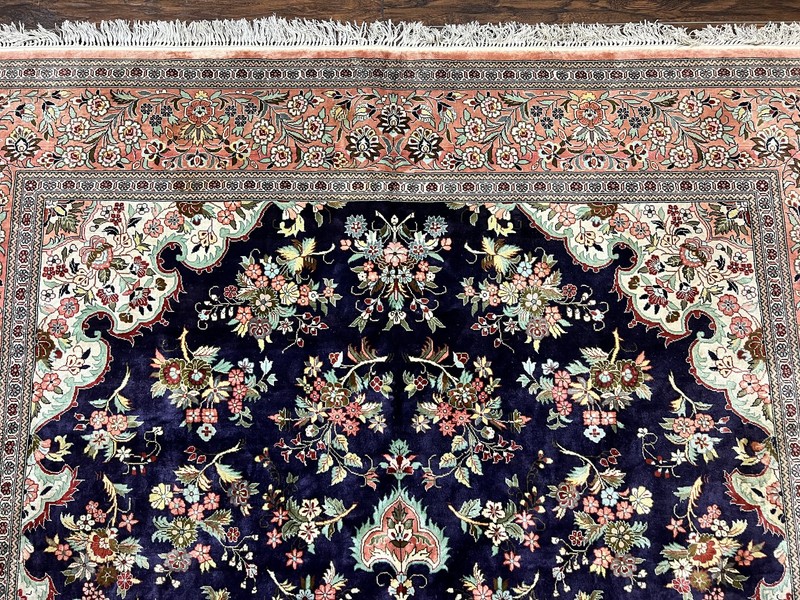 Stuning Silk Oriental Rug 7x9 Fine Handmade Navy Blue & Salmon Floral Medalion gallery