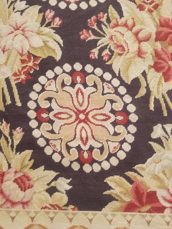 Vintage French Needle Point Handmade Floral Beige Wool Rug Carpet 177x113cm gallery