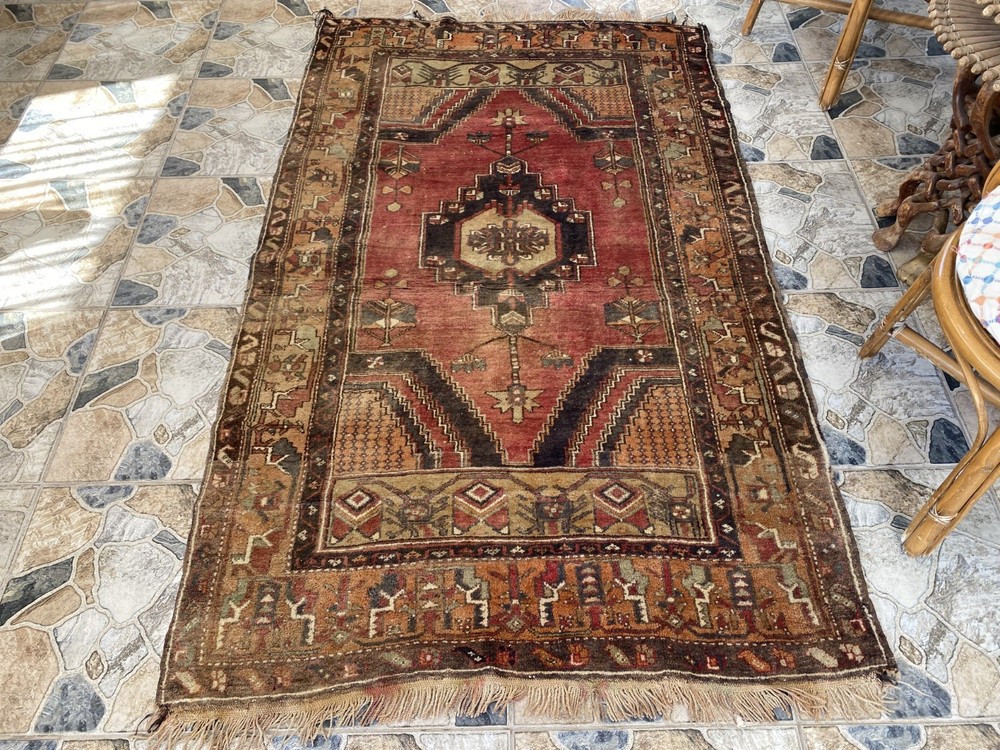 Antique Vintage Turkish Oushak Rug 4x6.6 ft Hand-Knotted Wool Tribal Geometric