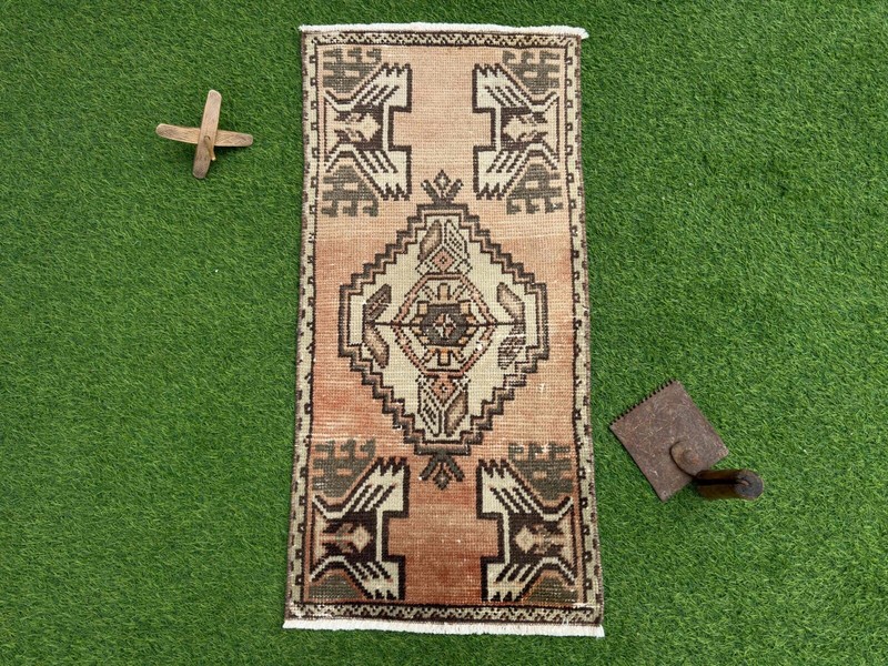 Hand-Woven Small Turkish Carpet 1x3 Pale Orange Wool Geometric Tiny Rug Muted gallery