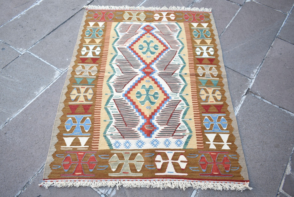 Turkish Rug 36'' x 47'' Vintage Anatolian Oushak Rug Natural Color Wool Rug