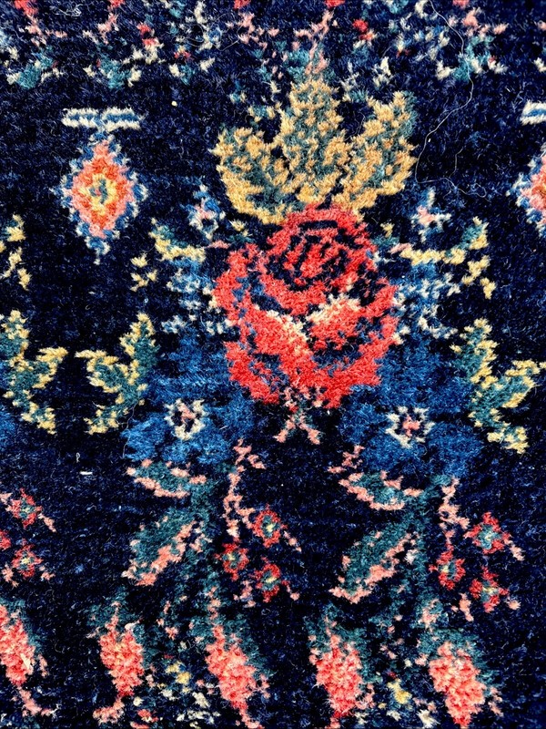 Fine Antique 2x3 Sennehh Rug C. 1910 Golfarang Flower pattern Navy Peach Ivory gallery