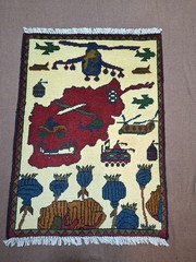 S6 War Rug Handmade Knotted Afghan Tribal Vintage Pictorial 9/11 Rug 82×61 Cm