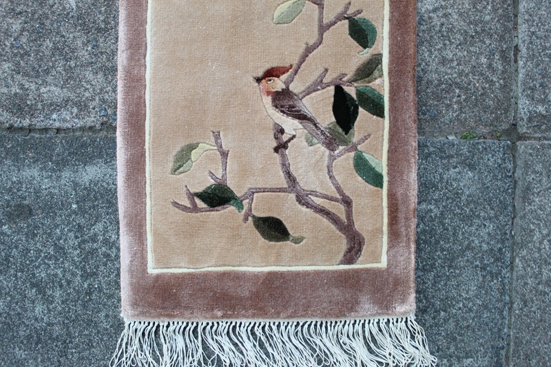 Vintage Silk Rug Hand Made Art Deco Chinese Oriental Brown Small Rug 62x32cm gallery