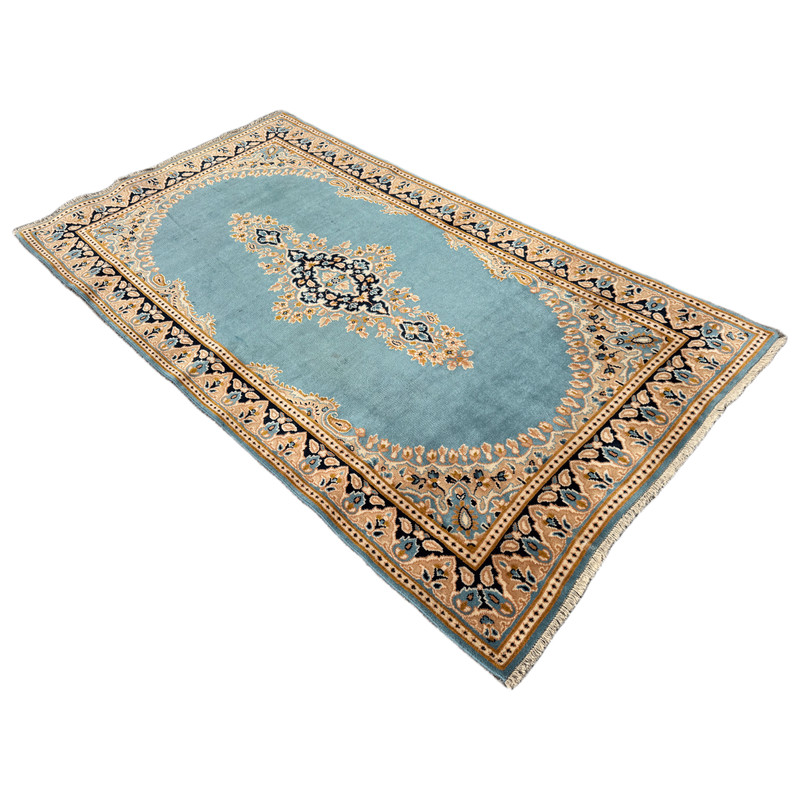 CLEAN VINTAGE KESHAN RUG HAND MADE EASTERN BLUE WOOL CARPET CLEAN 6'9" x 3'9" gallery