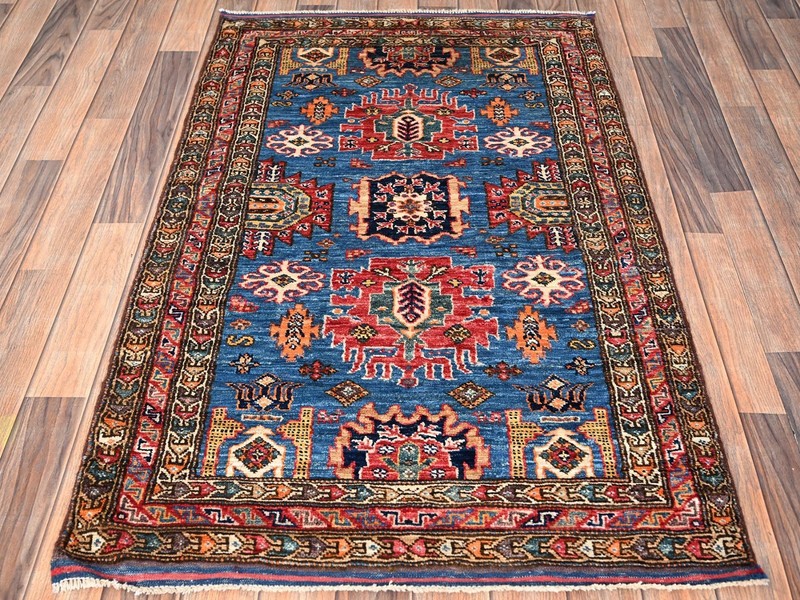Bright Blue Fine Quality New Handmade Afghan Kazakh Accent Rug, 3'x5' gallery