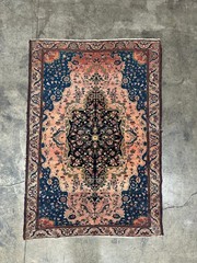 Antique Floral Oriental Rug, Hand-Knotted Wool, Coral & Navy, 4’5″ x 6’7″