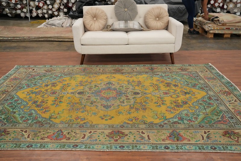 Traditional Wool Hand-knotted Room Size Rug Gold Over-Dyed Vintage Carpet 7x10 gallery