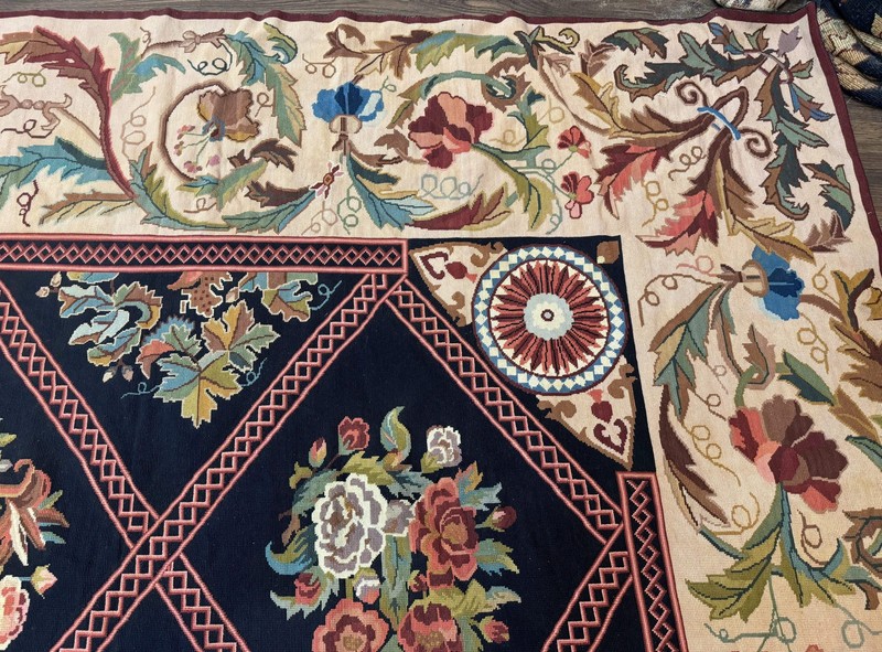 Palace Size Needlepoint Rug 12x20 European Floral Design Black Beige gallery